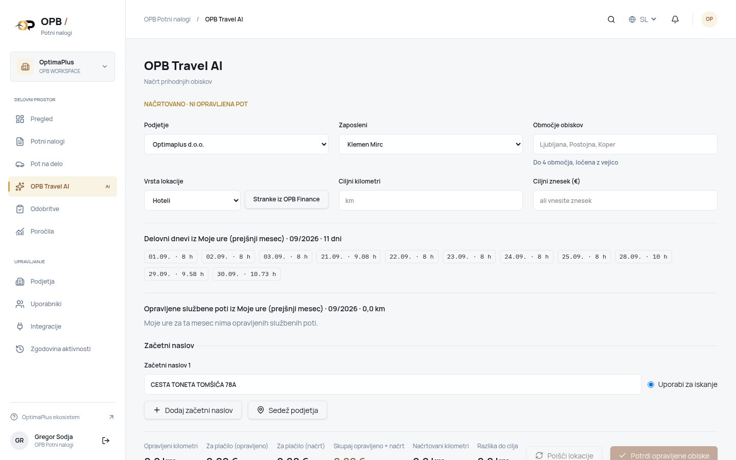 Delovni dnevi in opravljene poti sodelavca